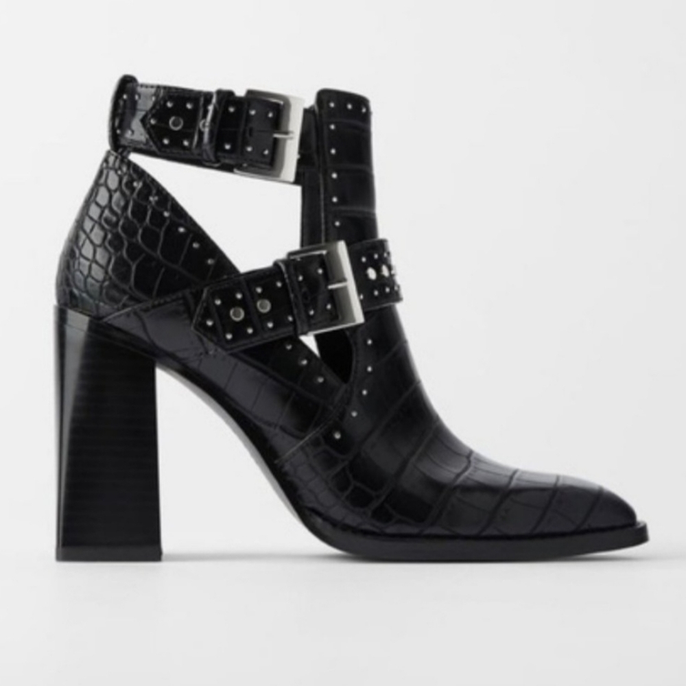 Zara Black Ankle Buckle Boots Heel Cut-out EU Size 36 Croc-Effect